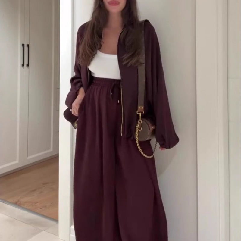 Damen lockeres Set: Jacke mit Reißverschluss & Weitbeinhose