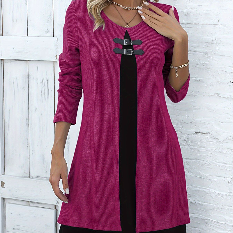 💃🌸Damenkleid in A-Linie, knielang, mit angedeutetem Zweiteiler-Look