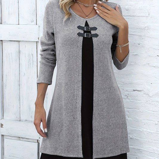 💃🌸Damenkleid in A-Linie, knielang, mit angedeutetem Zweiteiler-Look