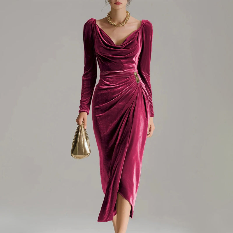 💖Black-Friday-Mega-Angebot – 55 % Rabatt!💖Velours-Schlupfkleid mit Schlitzen | Figurbetont & Elegant | Mit Langen Ärmeln und Raffungen