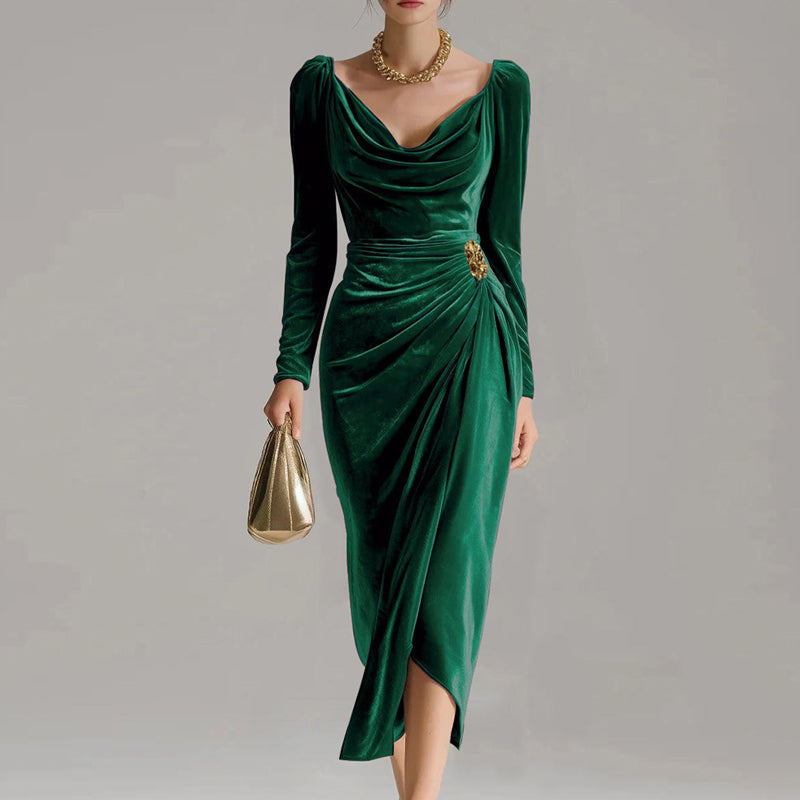 💖Black-Friday-Mega-Angebot – 55 % Rabatt!💖Velours-Schlupfkleid mit Schlitzen | Figurbetont & Elegant | Mit Langen Ärmeln und Raffungen