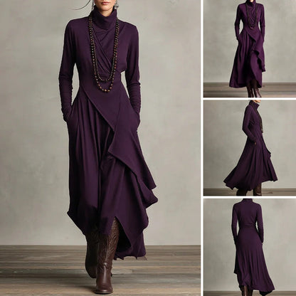 Damen elegantes Maxikleid mit hohem Kragen und asymmetrischer Drapierung