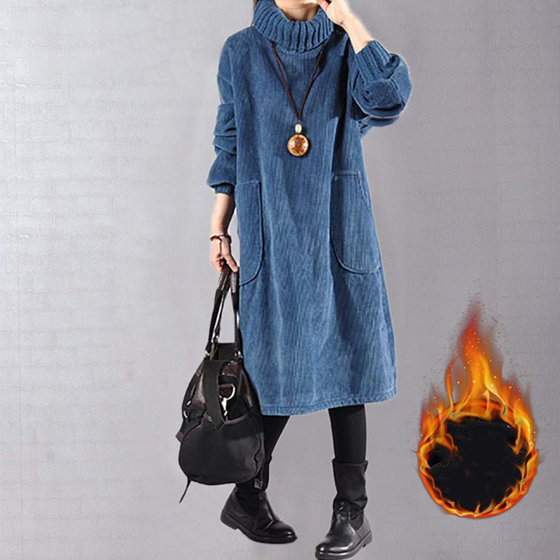 Hochgeschlossenes, lockeres Maxikleid aus Cord für Damen
