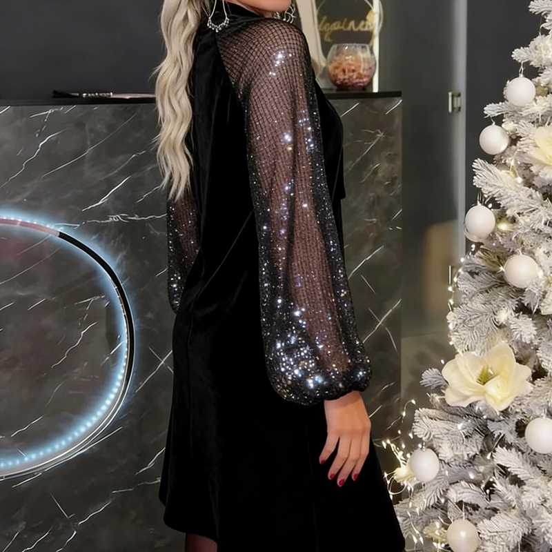 Damen Paillettenkleid mit Schleife am Kragen