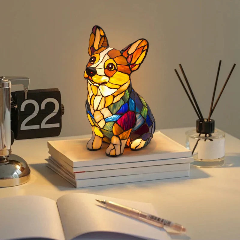 🌈LED-Tischlampe mit farblich abgesetzter Welpenstatue.