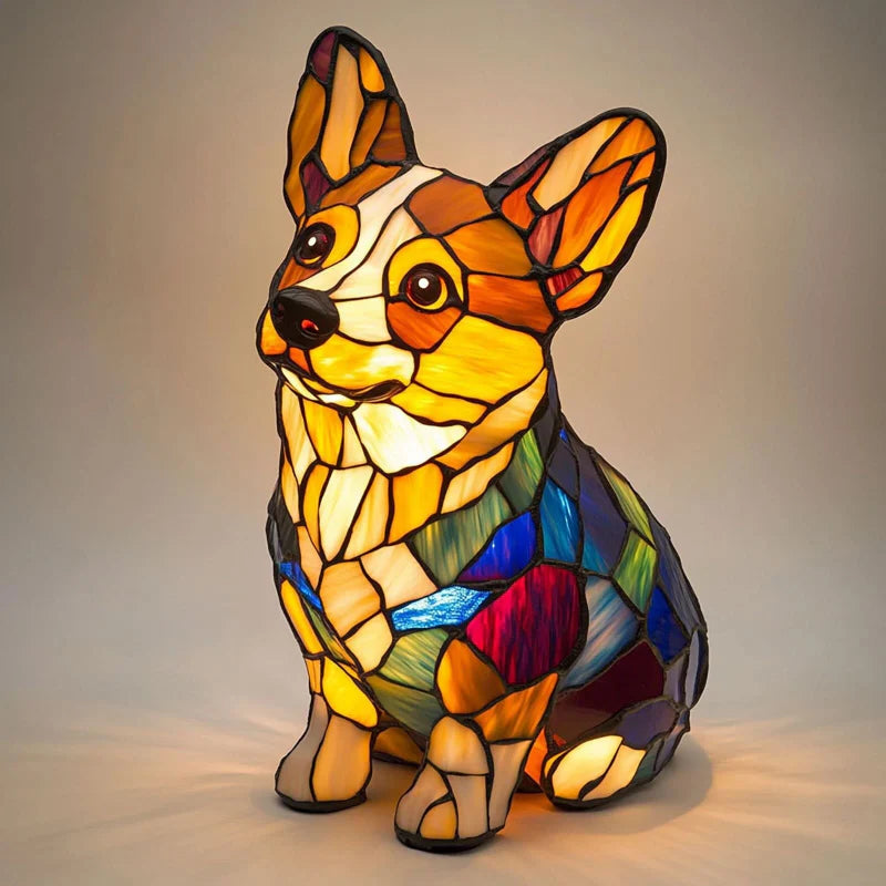 🌈LED-Tischlampe mit farblich abgesetzter Welpenstatue.