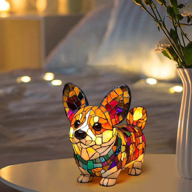🌈LED-Tischlampe mit farblich abgesetzter Welpenstatue.