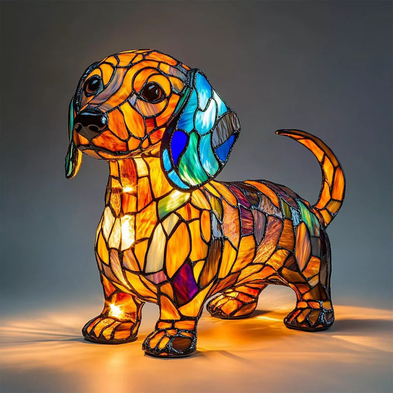 🌈LED-Tischlampe mit farblich abgesetzter Welpenstatue.