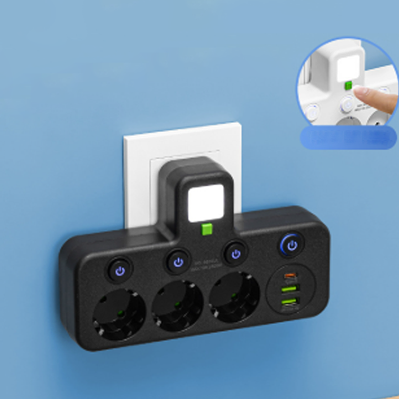 EU-Stecker-Wandler-Steckdose mit 4 Steckdosen, Multi-Port-Wanddose mit unabhängigem Schalter und kleinem Nachtlichtadapter