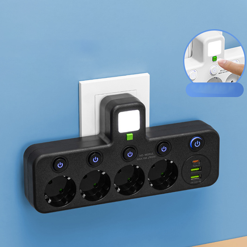 EU-Stecker-Wandler-Steckdose mit 4 Steckdosen, Multi-Port-Wanddose mit unabhängigem Schalter und kleinem Nachtlichtadapter
