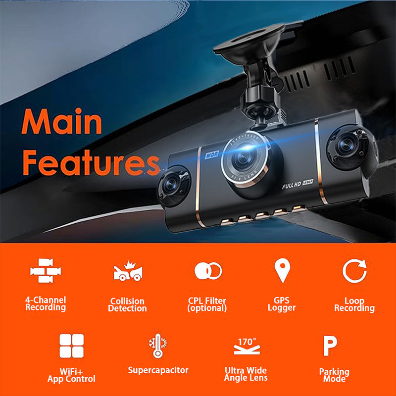 💎 60% RABATT! 💎 4-Kanal-HD-Dashcam mit Front-, Innen- und Heckaufzeichnung – 1080p, WLAN, GPS & 24/7 Parküberwachung 🚗📹