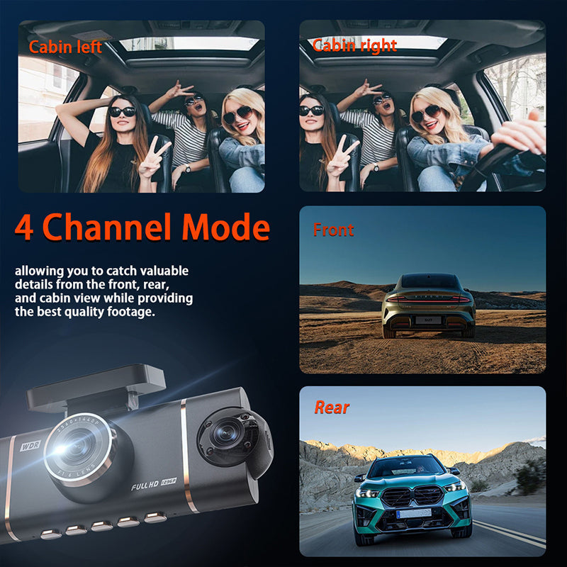 🔥2026: Starten Sie mit dem perfekten Überblick! 🚘📹 4-Kanal HD-Dashcam mit Rundum-Aufnahme (Front, Innenraum, Heck)