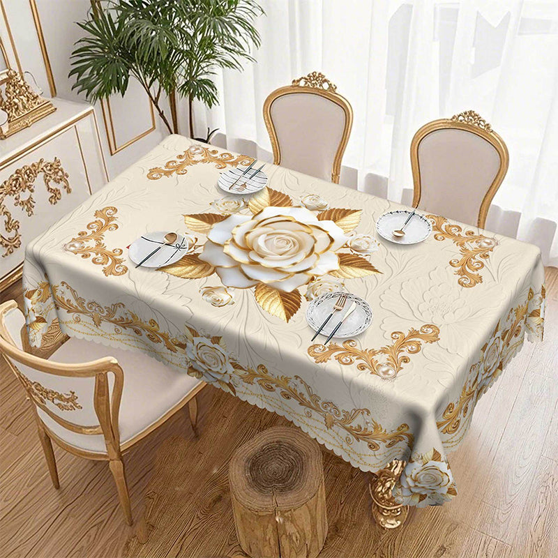 Wasserdichte Tischdecke mit Goldenem Rosenmuster – Elegant & Pflegeleicht 🌹✨