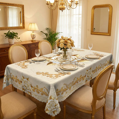 Wasserdichte Tischdecke mit Goldenem Rosenmuster – Elegant & Pflegeleicht 🌹✨