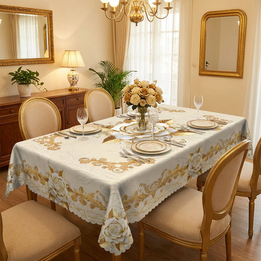 Wasserdichte Tischdecke mit Goldenem Rosenmuster – Elegant & Pflegeleicht 🌹✨