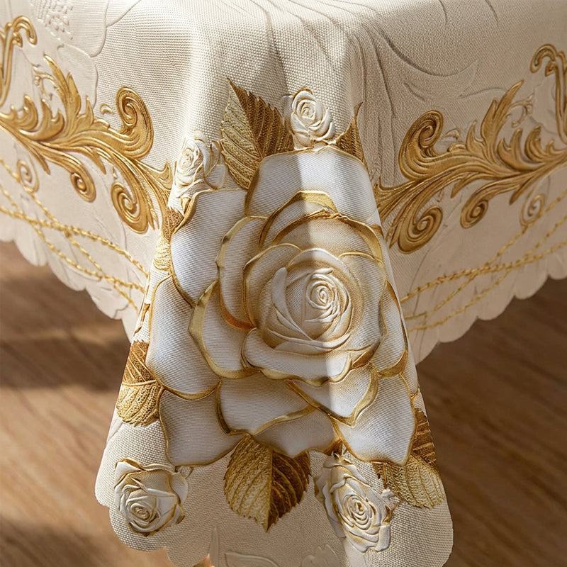 Wasserdichte Tischdecke mit Goldenem Rosenmuster – Elegant & Pflegeleicht 🌹✨