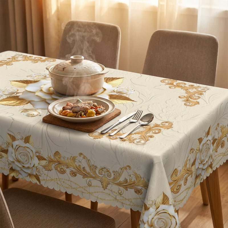 Wasserdichte Tischdecke mit Goldenem Rosenmuster – Elegant & Pflegeleicht 🌹✨
