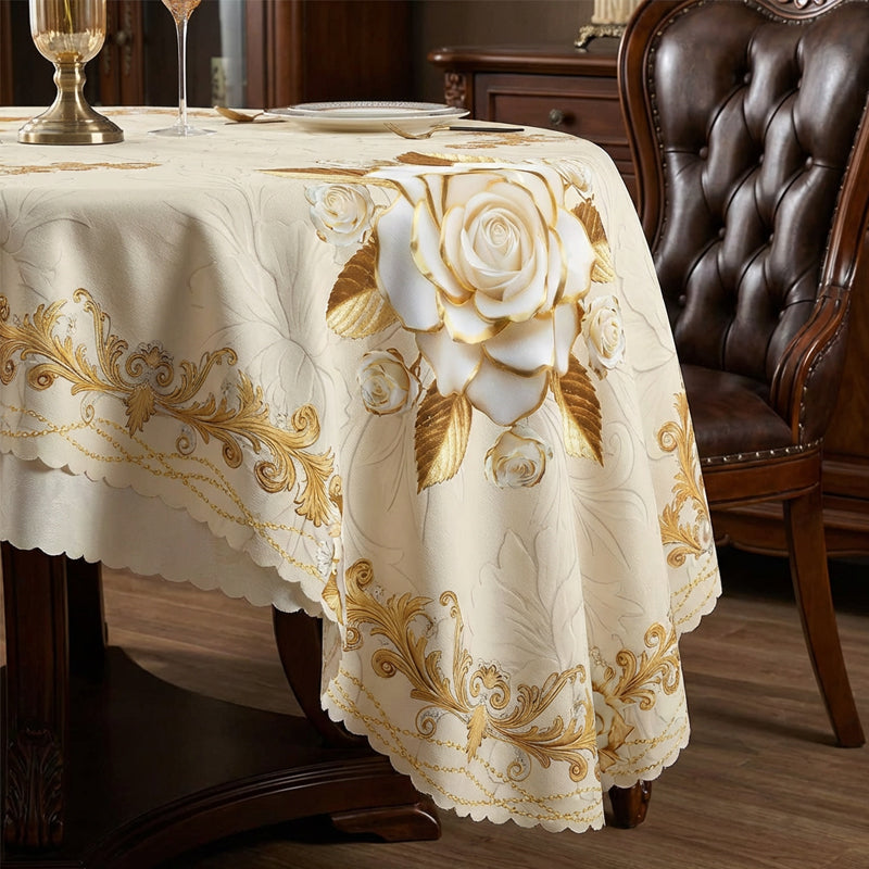 Wasserdichte Tischdecke mit Goldenem Rosenmuster – Elegant & Pflegeleicht 🌹✨