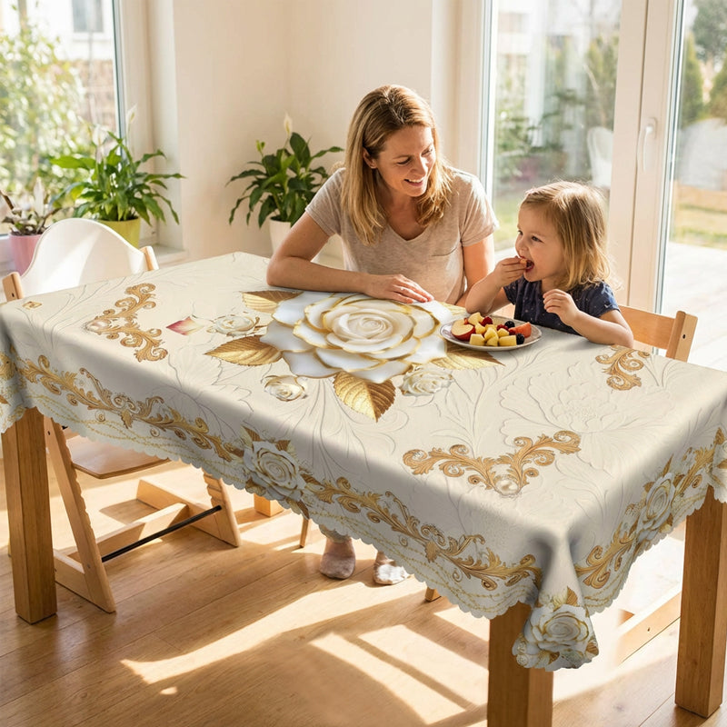 Wasserdichte Tischdecke mit Goldenem Rosenmuster – Elegant & Pflegeleicht 🌹✨