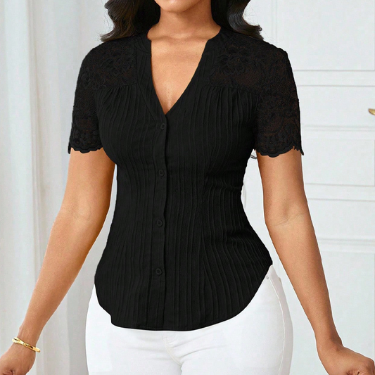 🌼LETZTER TAG – 60 % RABATT👚Sommerbluse für Damen mit V-Ausschnitt, Spitzenärmeln und Knopfleiste