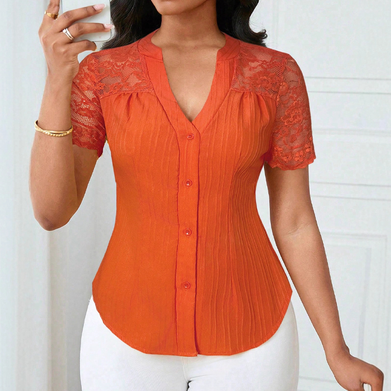 🌼LETZTER TAG – 60 % RABATT👚Sommerbluse für Damen mit V-Ausschnitt, Spitzenärmeln und Knopfleiste