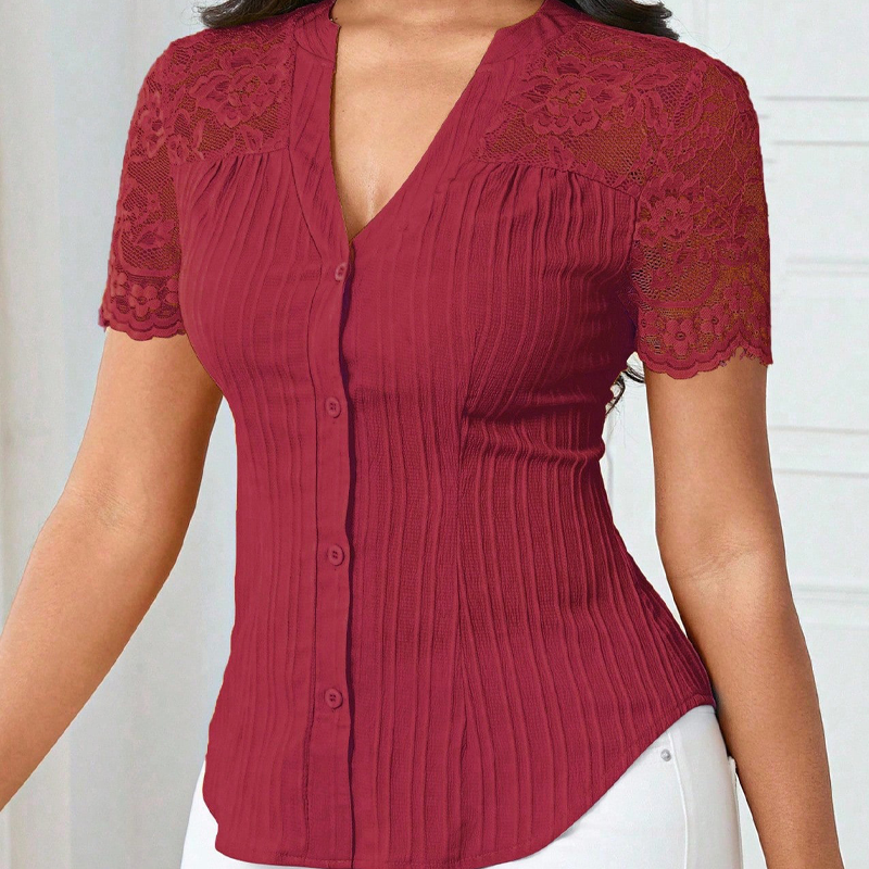 🌼LETZTER TAG – 60 % RABATT👚Sommerbluse für Damen mit V-Ausschnitt, Spitzenärmeln und Knopfleiste