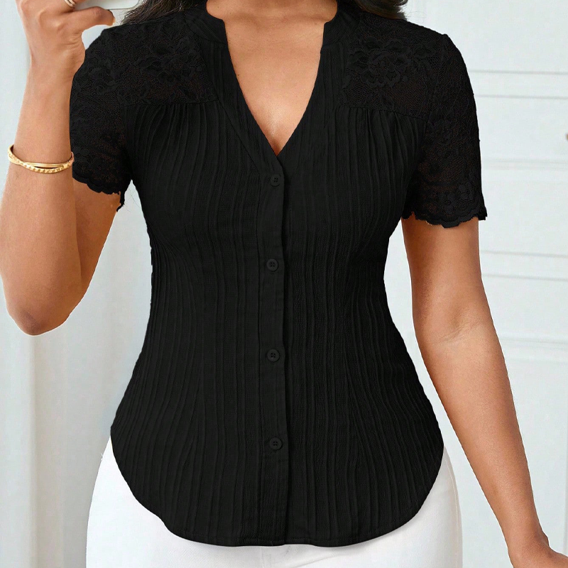 🌼LETZTER TAG – 60 % RABATT👚Sommerbluse für Damen mit V-Ausschnitt, Spitzenärmeln und Knopfleiste