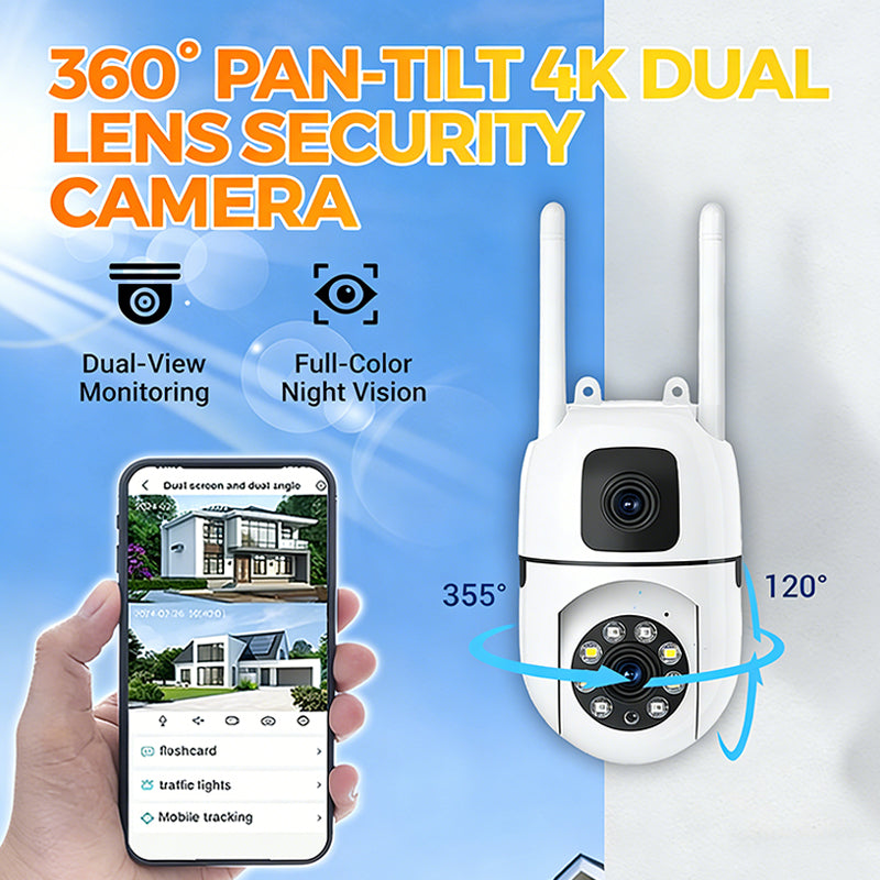 360° Schwenk-Neige 4K Dual-Linsen Sicherheitskamera – Outdoor WLAN Überwachungskamera