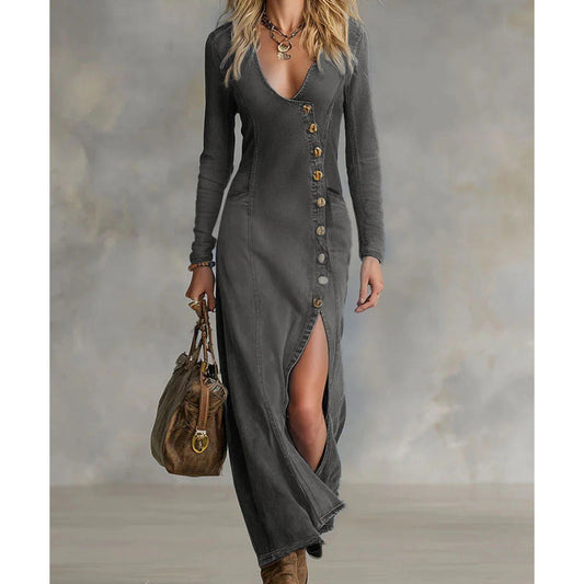 👗60% RABATT!🔥 Langärmliges Maxikleid mit V-Ausschnitt für Damen – Weicher Stoff, figurbetonte Passform & eleganter hoher Schlitz💫💃