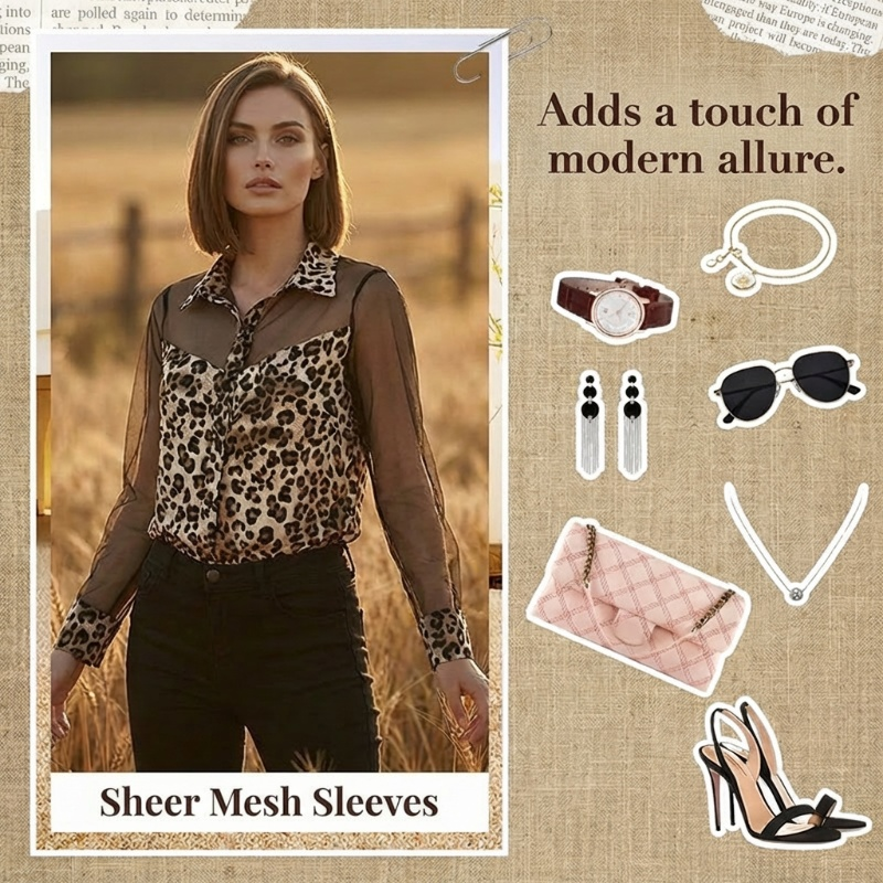 💎 50% RABATT! 💎 Damenbluse mit Leopardenmuster & Kontrast-Mesh – Langarm, Figurbetont & Perfekt für Büro bis Abendoutfit