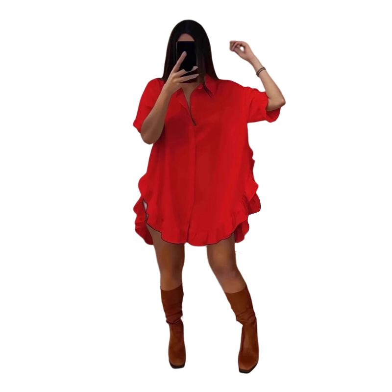 🔥Zeitlich begrenztes Angebot-Oversized-Minikleid für Damen mit Knopfleiste und Rüschen am Saum