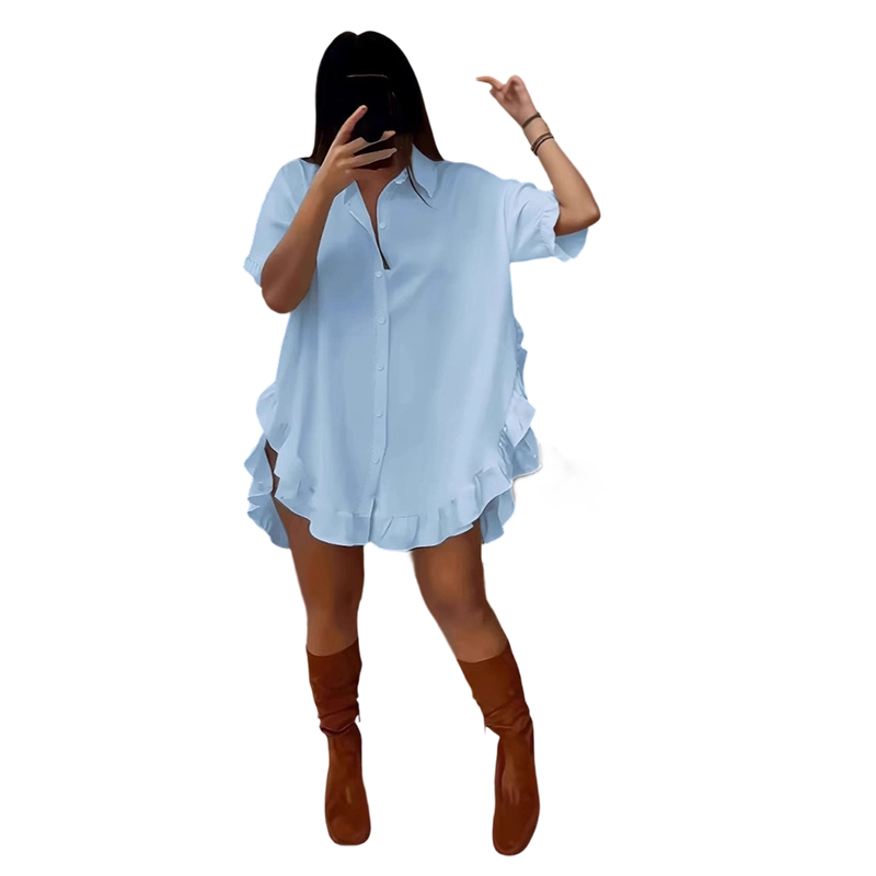 🔥Zeitlich begrenztes Angebot-Oversized-Minikleid für Damen mit Knopfleiste und Rüschen am Saum