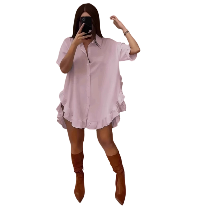 🔥Zeitlich begrenztes Angebot-Oversized-Minikleid für Damen mit Knopfleiste und Rüschen am Saum