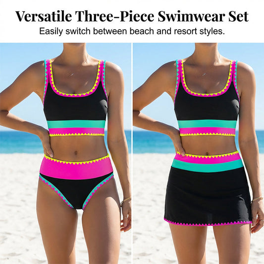 👙 50% RABATT! 🌊 3-teiliges Damen Bikini-Set – Hohe Taille, Color-Block & Zickzack-Design, Perfekt Für Strand & Urlaub 🌸
