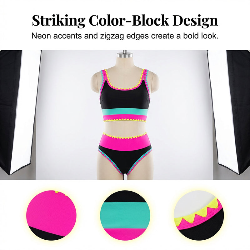 👙 50% RABATT! 🌊 3-teiliges Damen Bikini-Set – Hohe Taille, Color-Block & Zickzack-Design, Perfekt Für Strand & Urlaub 🌸