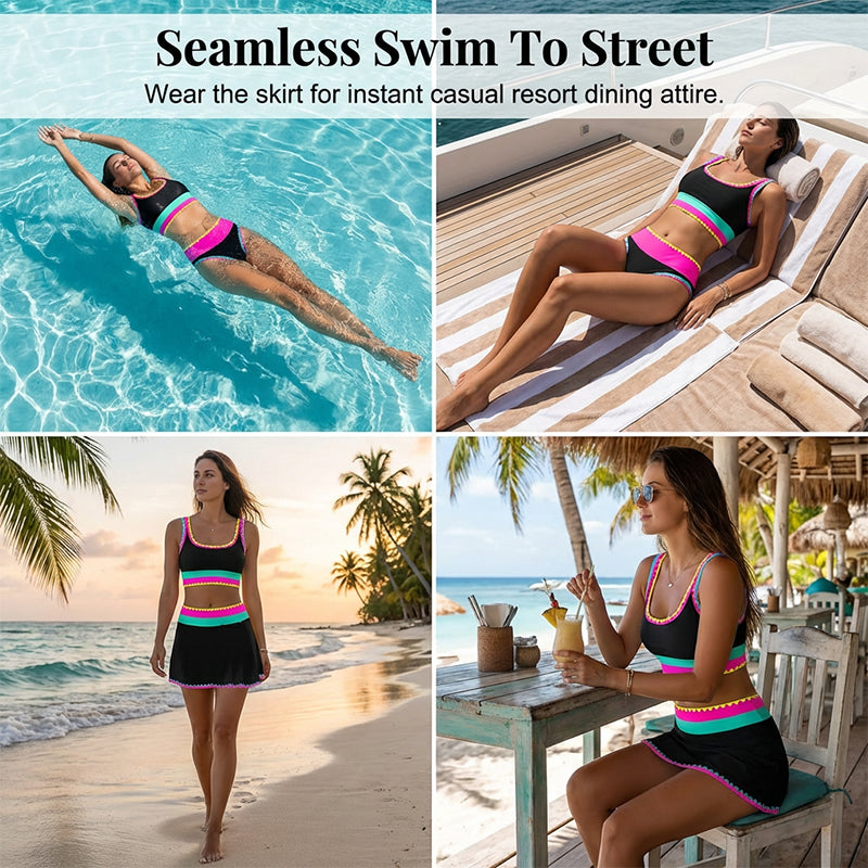 👙 50% RABATT! 🌊 3-teiliges Damen Bikini-Set – Hohe Taille, Color-Block & Zickzack-Design, Perfekt Für Strand & Urlaub 🌸