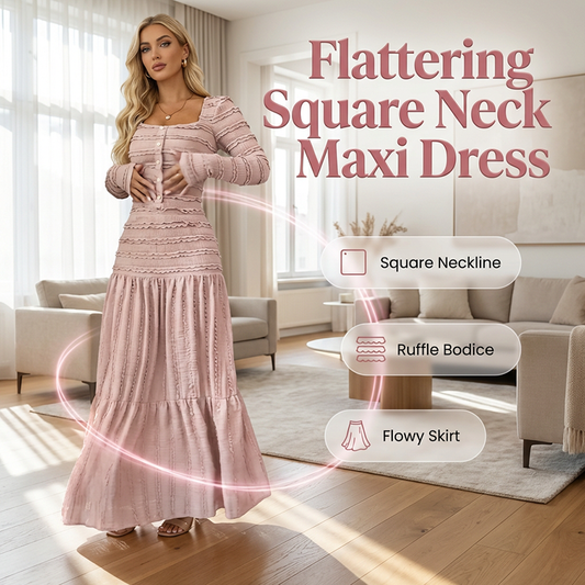 🌸 LIMITIERT 50% RABATT! ✨ Maxikleid mit Vintage-Charme: Quadratischer Ausschnitt, Rüschen & Elastisches Smok-Oberteil für perfekte Passform 👗