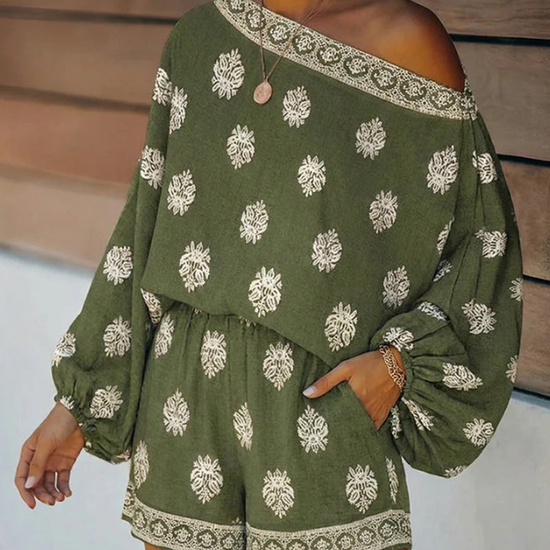 🌿Neues Produkt Tange Bot💥 Boho-Jumpsuit mit schulterfreiem Schnitt und Print