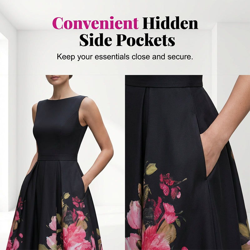 Elegantes, ärmelloses Midikleid in A-Linie mit Blumenmuster
