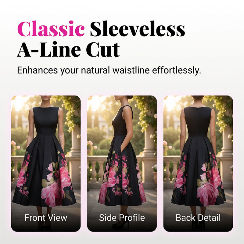 Elegantes, ärmelloses Midikleid in A-Linie mit Blumenmuster