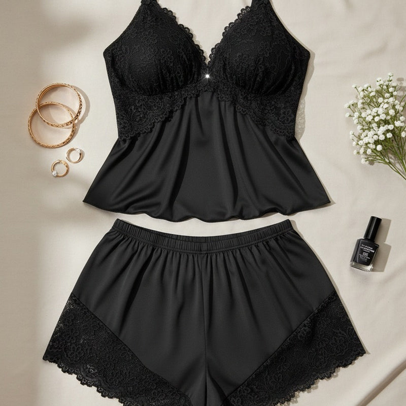 🥳HEISSER VERKAUF 2026🥳💞ÜBER 50.000 VERKAUFT!👗🌸 60 % RABATT! Pyjama-Set aus Top und Shorts mit Spitzenbesatz – Weicher, satinartiger Stoff, verstellbare Träger und V-Ausschnitt.