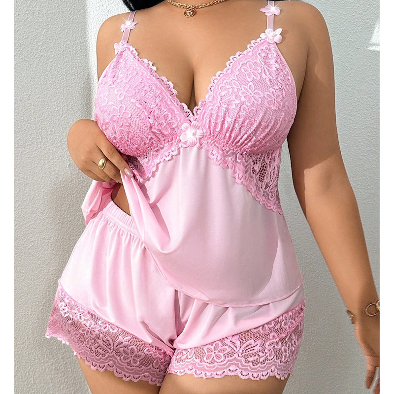 🥳HEISSER VERKAUF 2026🥳💞ÜBER 50.000 VERKAUFT!👗🌸 60 % RABATT! Pyjama-Set aus Top und Shorts mit Spitzenbesatz – Weicher, satinartiger Stoff, verstellbare Träger und V-Ausschnitt.