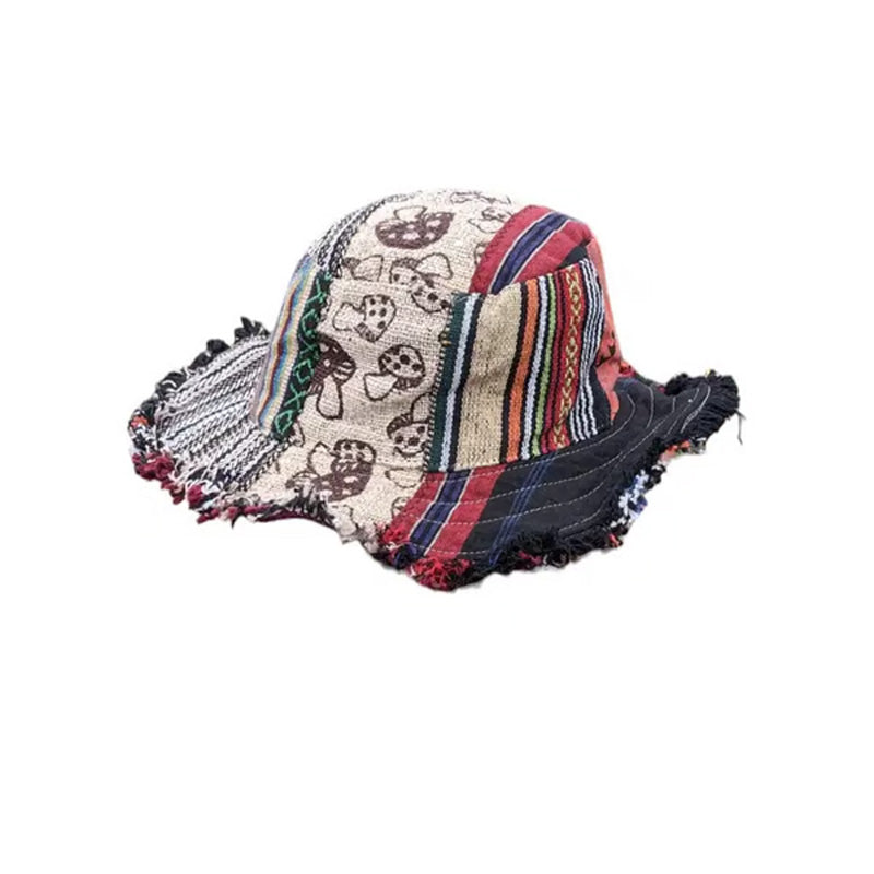 🔥Solange der Vorrat reicht 50 % Rabatt!🎉Bunter Patchwork-Hut aus Hanf mit Pilzmuster und Tasche