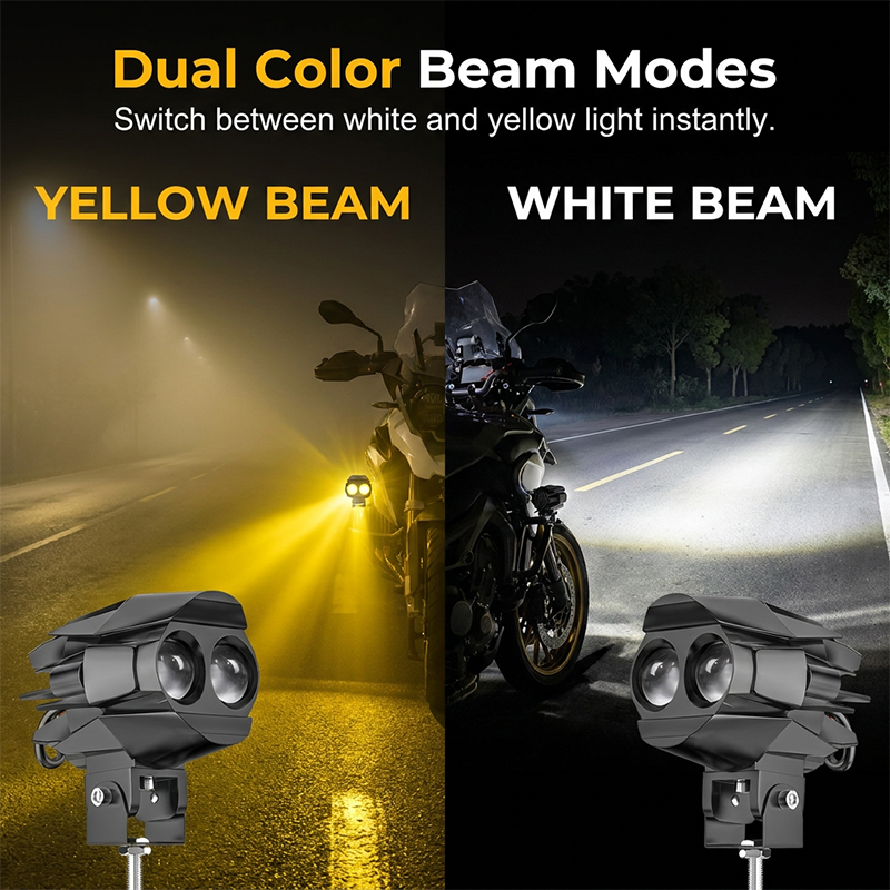 🔵🟡 【Limitierte Auflage: 50 % Rabatt】Zweifarbiger LED-Scheinwerfer für Motorräder – 🌀 Tagfahrlicht (weiß) / Nebellicht (gelb) per Knopfdruck | ❄️ integrierte Kühlung | 🚦 verbesserte Sicht bei jedem Wetter