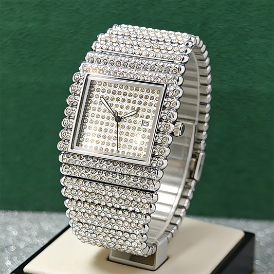 Quadratische Armbanduhr mit besetztem Zifferblatt und dehnbarem Armband