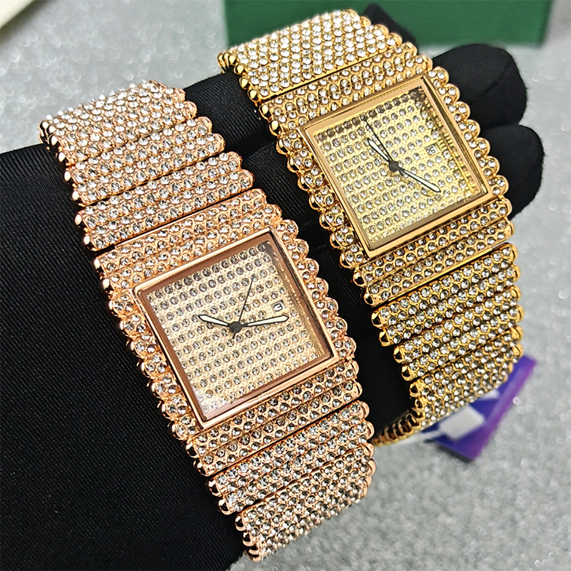 Quadratische Armbanduhr mit besetztem Zifferblatt und dehnbarem Armband