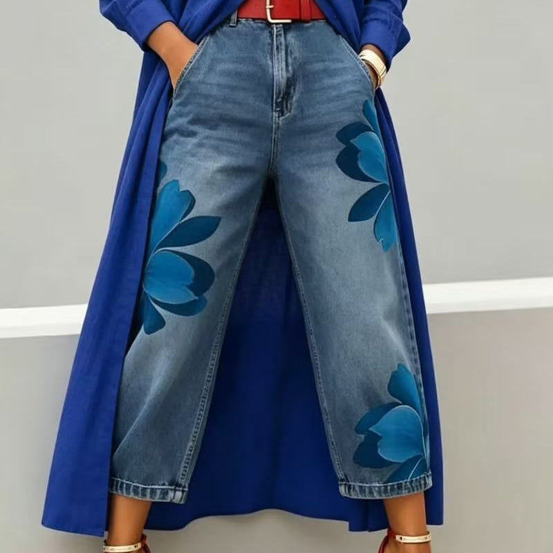 📢📢50% RABATT!! ⏰ Damen Weite Jeans mit Künstlerischer Blumenapplikation