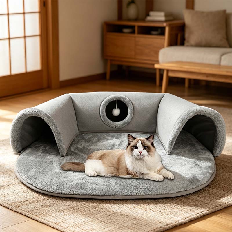 🐱 Plüsch-Katzenbett mit Tunnel 🛤️｜2-in-1 Katzenhaus