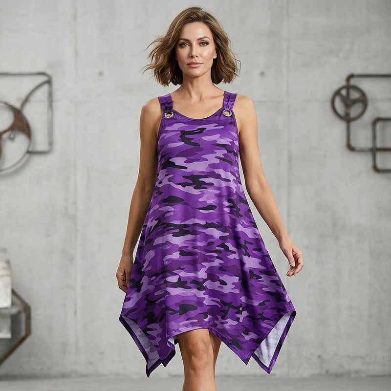 👗50% RABATT! 🌿 Damen ärmelloses Kleid mit asymmetrischem Saum im Camouflage-Look – Locker, frech & perfekt für einen lässigen Streetwear-Look ✨