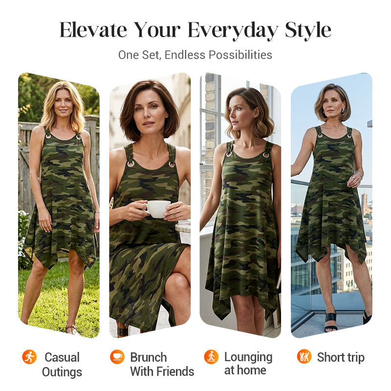 👗50% RABATT! 🌿 Damen ärmelloses Kleid mit asymmetrischem Saum im Camouflage-Look – Locker, frech & perfekt für einen lässigen Streetwear-Look ✨